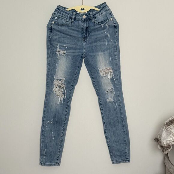 JUDY BLUE Jeans 5 / 27 Lace Patch Mid Rise Distressed Skinny Light Wash JB88432 - Picture 5 of 16